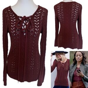 Free People open knit burgundy sweater Bonnie Vampire Diaries wore this style